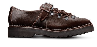 A side view of the Allen Edmonds Adirondack Low Hiking shoe in brown calf hair, with the toe facing right.  