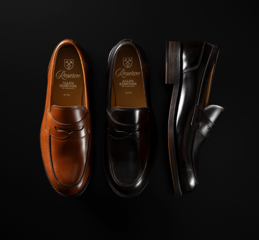 Allen Edmonds Reserve Miller Penny Loafer in tan, dark brown, and black leather 