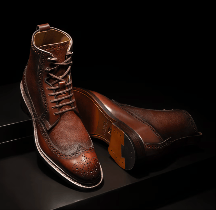 Chili brown caviar grain leather Allen Edmonds Maddox Reserve Wingtip dress boots